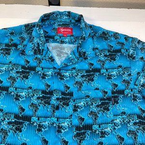 SUPREME World Famous Short Sleeve Button Up SHIRT Sz Mens M Blue & Black Rayon
